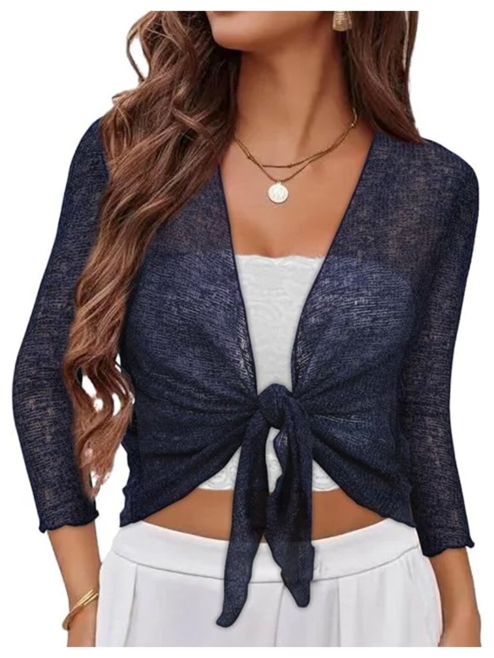 Sheer Bolero Shrug for Dresses 3/4 Sleeve Tie Front Summer Cardigan